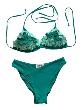 Pepita Forte dei Marmi Teal Flower Appliqué Micro Bikini Set XS Vaca Influencer